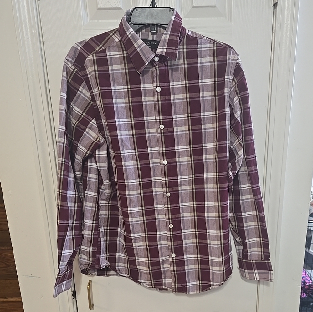 Banana Republic Shirt Mens Large burgundy Button  Plaid